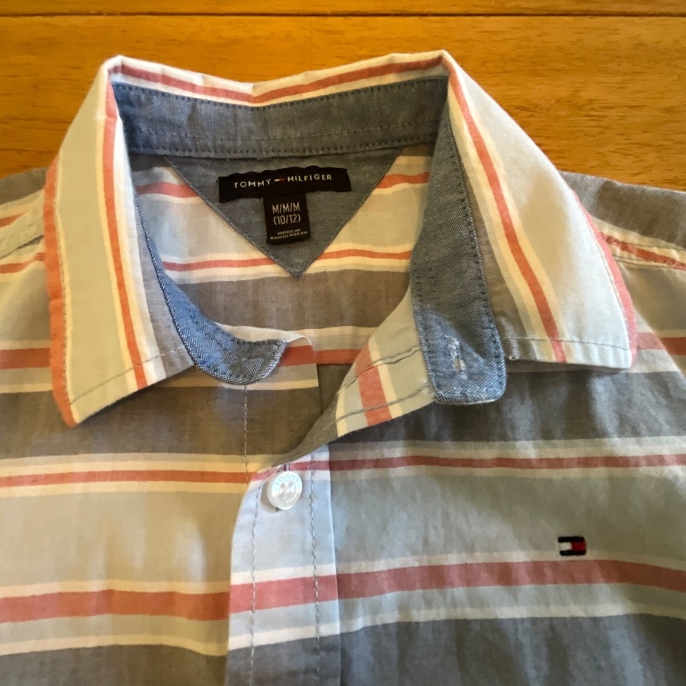 Tommy hilfiger boys button up shirt years striped short sleeve 10-12 Medium